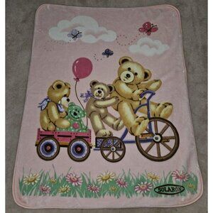 Solaron Pink Teddy Bear Blanket Bicycle Wagon Balloon Butterfly Flowers 42x55